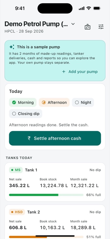 Owner ka screen: aaj ki shifts, tank aur alerts